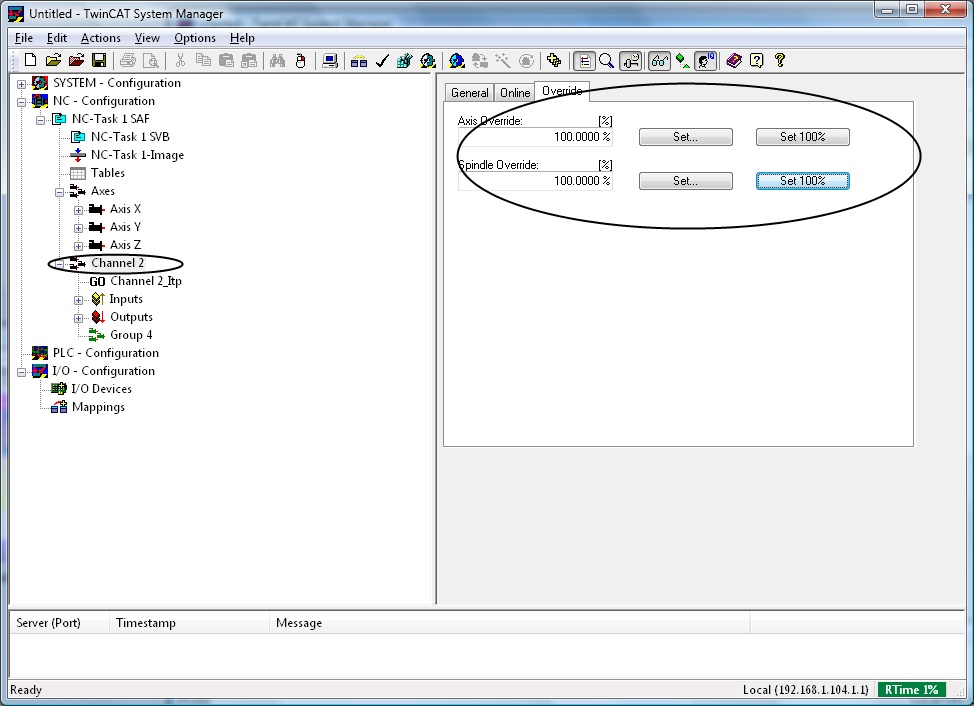 TwinCAT NCI with 100% override setting for the channel