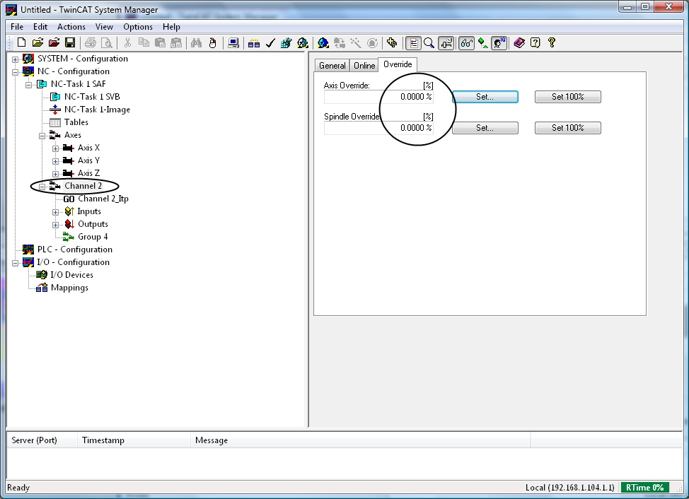 TwinCAT NCI with 0% override setting for the channel