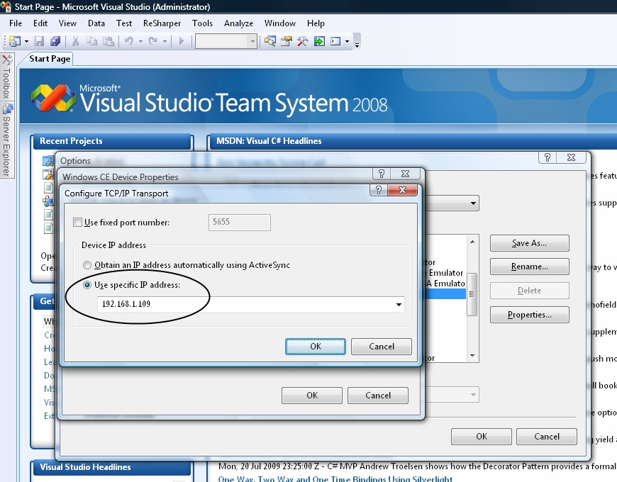 Setting the Windows CE activesync connection IP address option