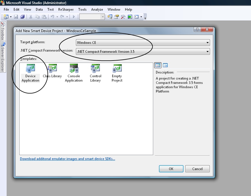 Creating a Windows CE device targeted project in Visual Studio