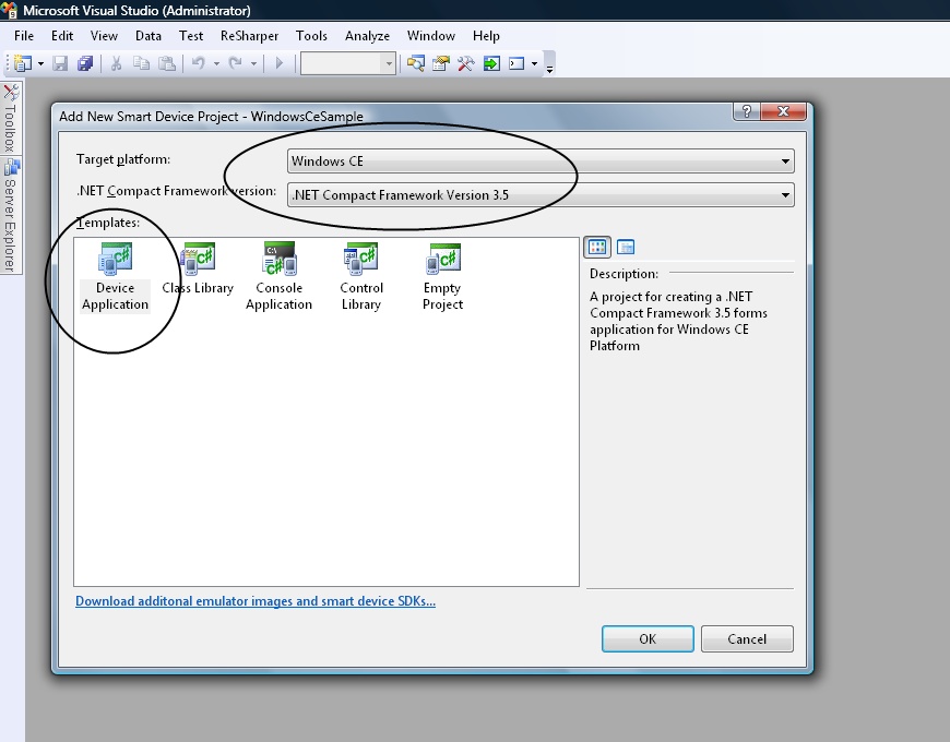 Creating a Windows CE device targeted project in Visual Studio