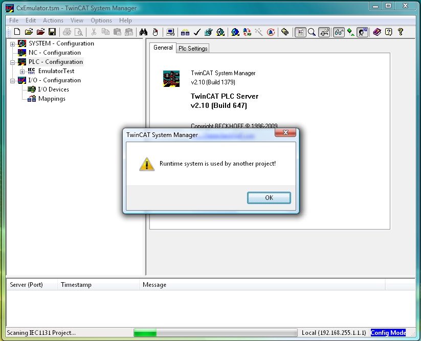 The runtime in use error occurs when you try to add a second PLC project, but have not enabled multiple runtimes, or chosen the second runtime in the PLC editor. 